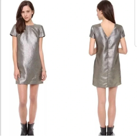 Madewell Metallic Gold Shimmer Short Sleeve Sheath Dress Size 4 Small NWT - Picture 2 of 7